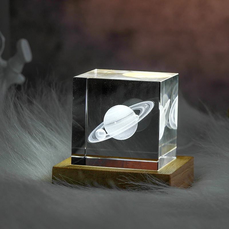 3D Kristallkub Måne Nattlampa | Veska Saturn med LED-bas