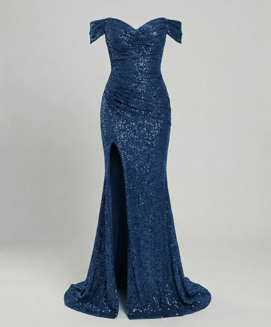 Veska | Off Shoulder Aftonklänning för Dam | Paljetter och Figurnära Snitt