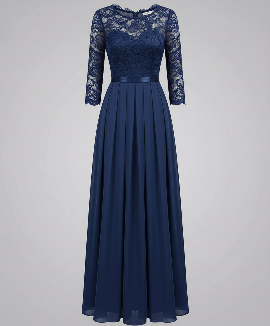 Veska | Spetsklänning för Brudtärna | Lång Flödande Design med 3/4-ärm