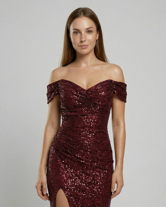 Veska | Off Shoulder Aftonklänning för Dam | Paljetter och Figurnära Snitt