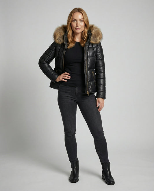 Veska | Varm Vinterjacka för Dam | Oversized Design med Pälsfodrad Huva