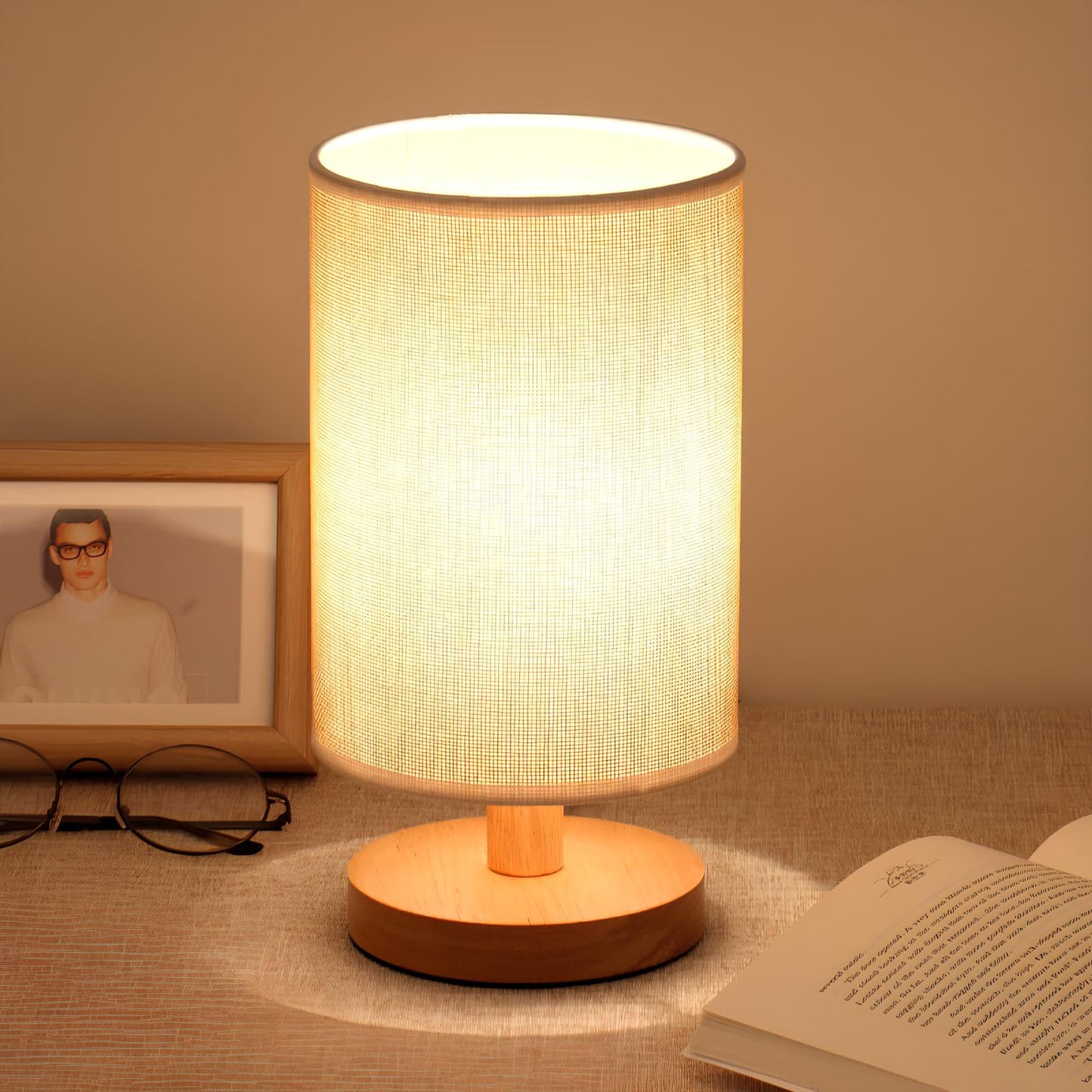 Bordslampa Naturligt Trä Tyg Dimbar Ljus | Veska Texturerad Grå