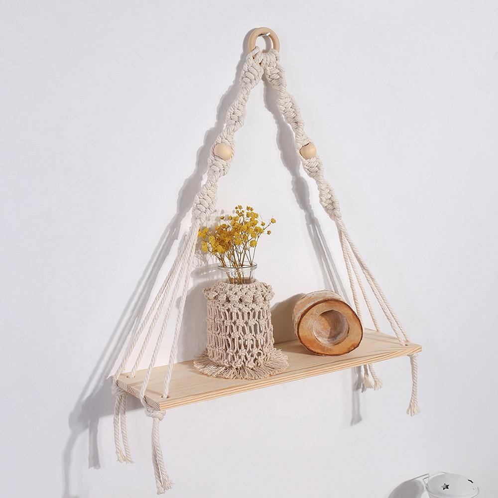 Handgjord Macrame Rep Gunga Trä Hylla | Veska A