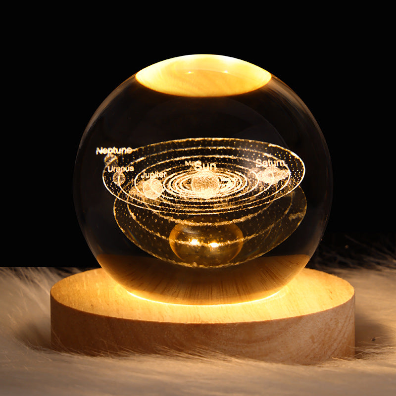LED Nattlampa Galaxy Crystal Ball Bordslampa 3D Planet Månlampa Sovrum Heminredning För Barn Fest Barns Födelsedagspresenter | Veska Säte området gjort av massivt trä Sonnensystem 6CM USB