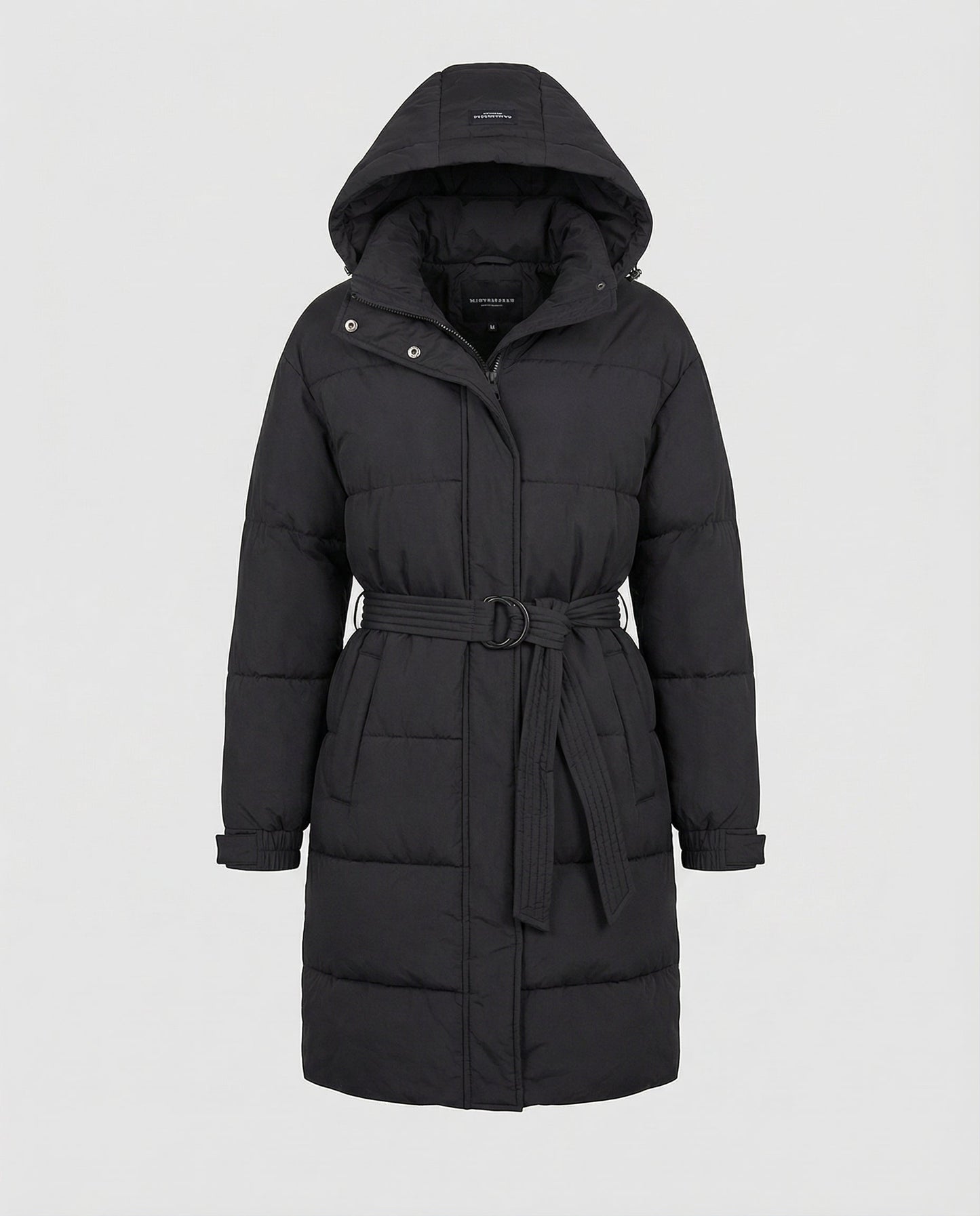 Black puffer coat with a hood on a light gray background