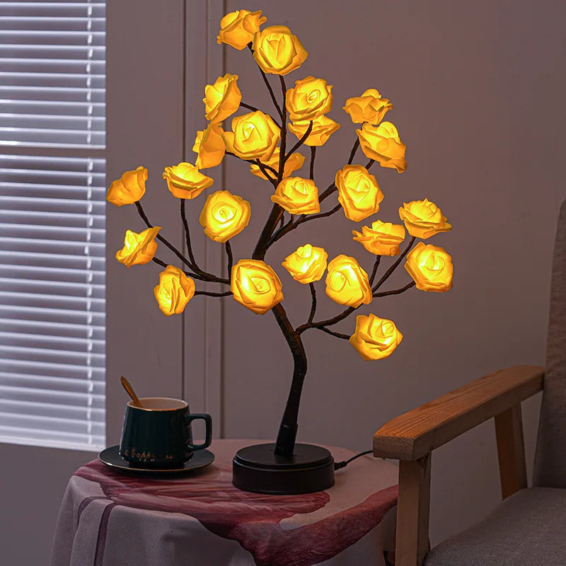 RGB Ros Blomma Träd Lampor 24LED USB Batteri Bordslampa Älva Nattljus Hem Fest Jul Bröllop Sovrumsdekoration Gåva | Veska Gul