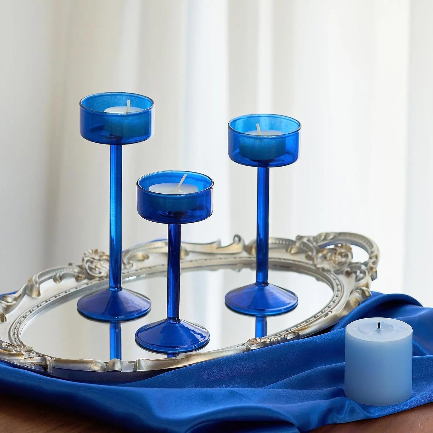 3-delars värmeljusglas ljushållare set | Veska Blå 3st