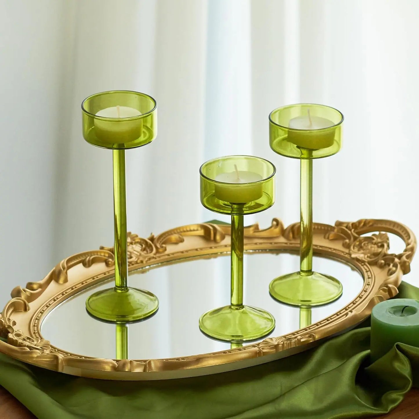 3-delars värmeljusglas ljushållare set | Veska Grön 3st