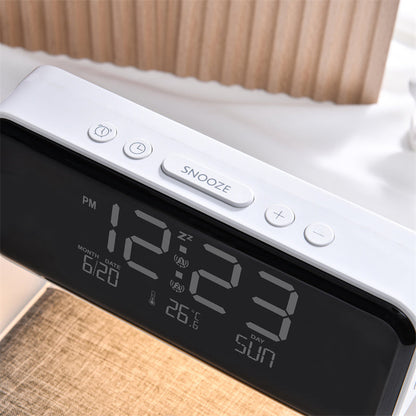 3-i-1 Sänglampa med Trådlös Laddare – LCD Väckarklocka & Touch Dimmbar LED Bordslampa | Veska