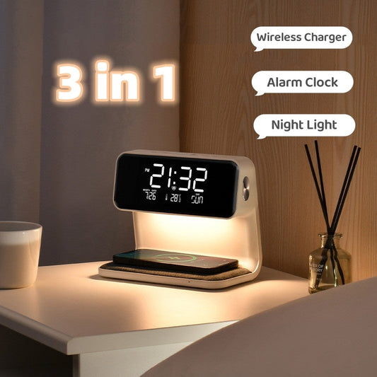 3-i-1 Sänglampa med Trådlös Laddare – LCD Väckarklocka & Touch Dimmbar LED Bordslampa | Veska