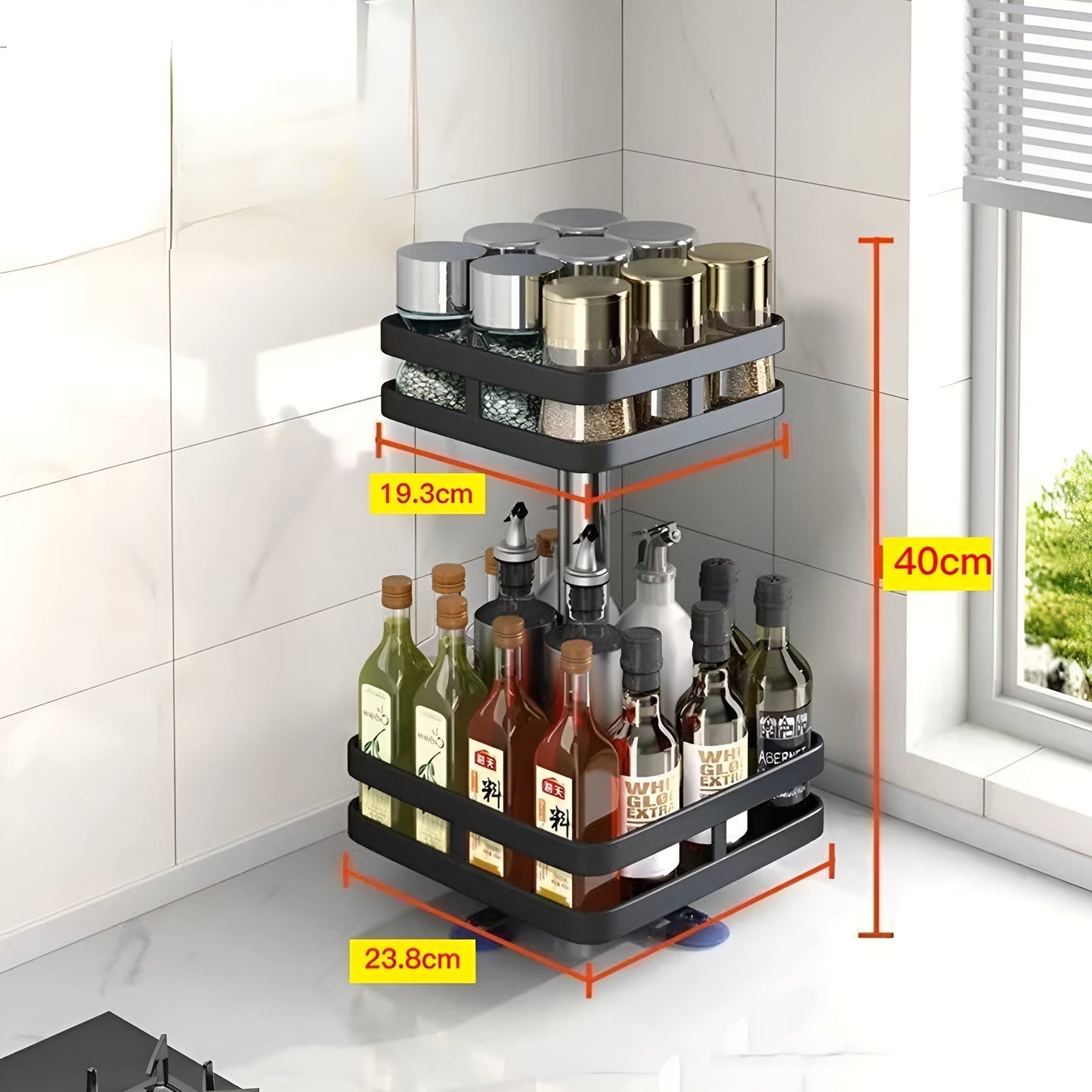 360° Rotating Spice Rack | Multifunktionell Kökshylla | Platsbesparande & Modern | Veska Kvadrat 2 Nivåer