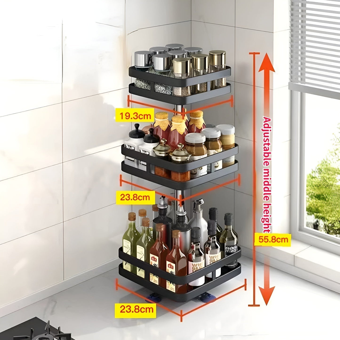 360° Rotating Spice Rack | Multifunktionell Kökshylla | Platsbesparande & Modern | Veska Kvadrat 3 Lager