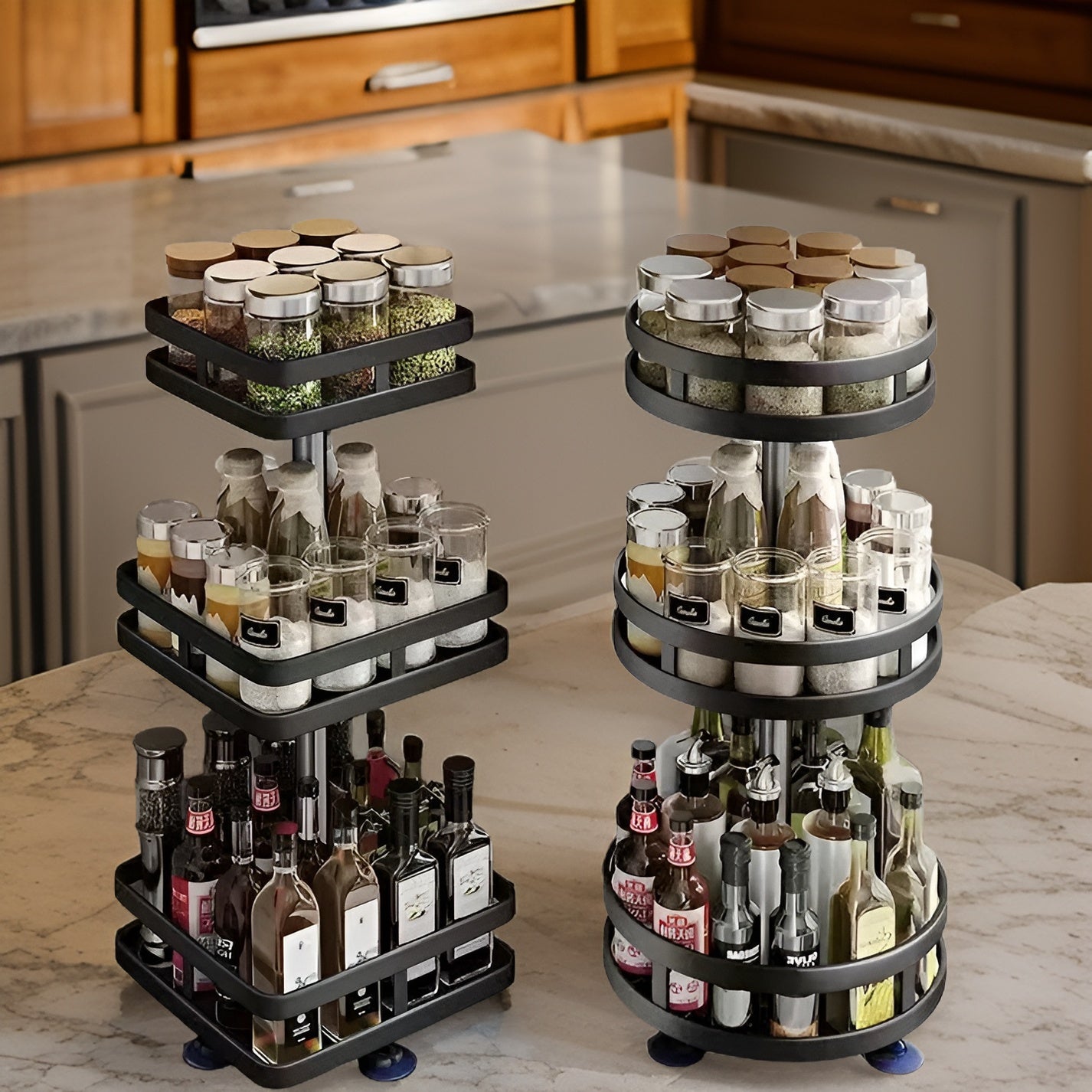 360° Rotating Spice Rack | Multifunktionell Kökshylla | Platsbesparande & Modern | Veska Nötkött 3 Lager