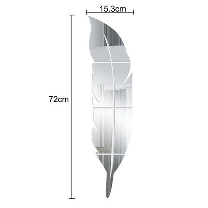 3D Fjäder Konst Spegel Vägg Klistermärke | Veska silver 15.3 cm