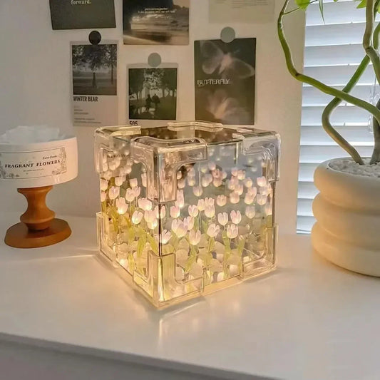 3D Tulpan DIY Blommor Kub Nattlampa | Veska lila