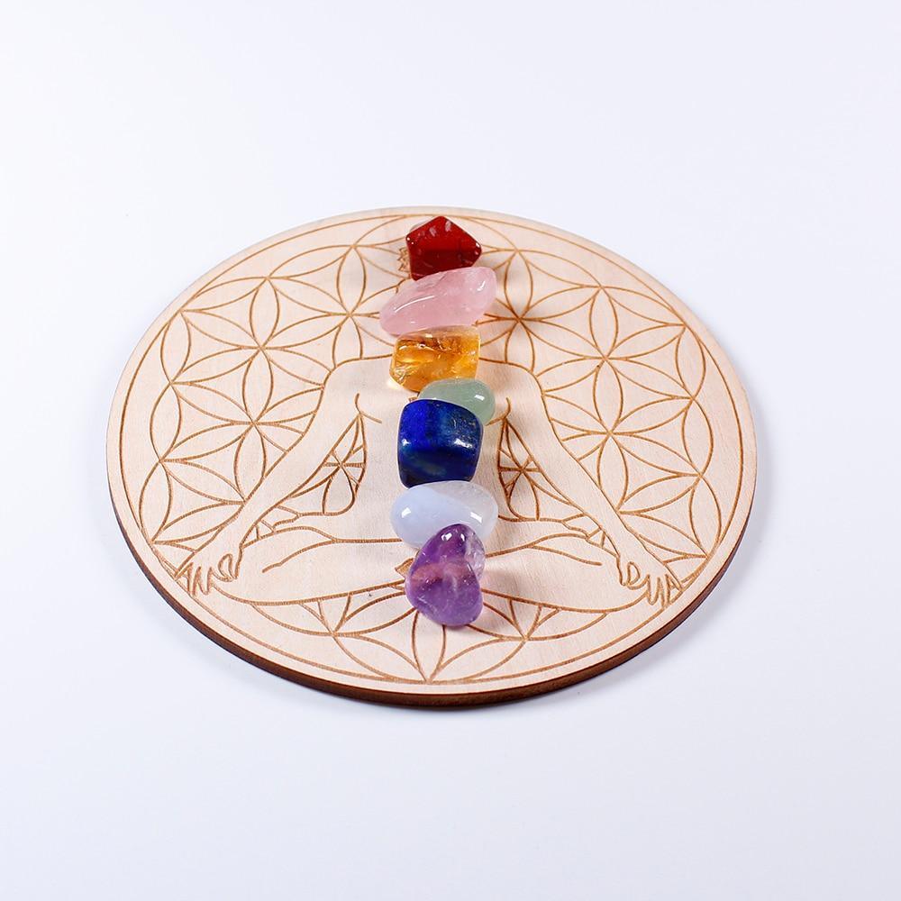 7 Chakra Healing Stones med array träplatta | Veska