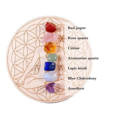 7 Chakra Healing Stones med array träplatta | Veska
