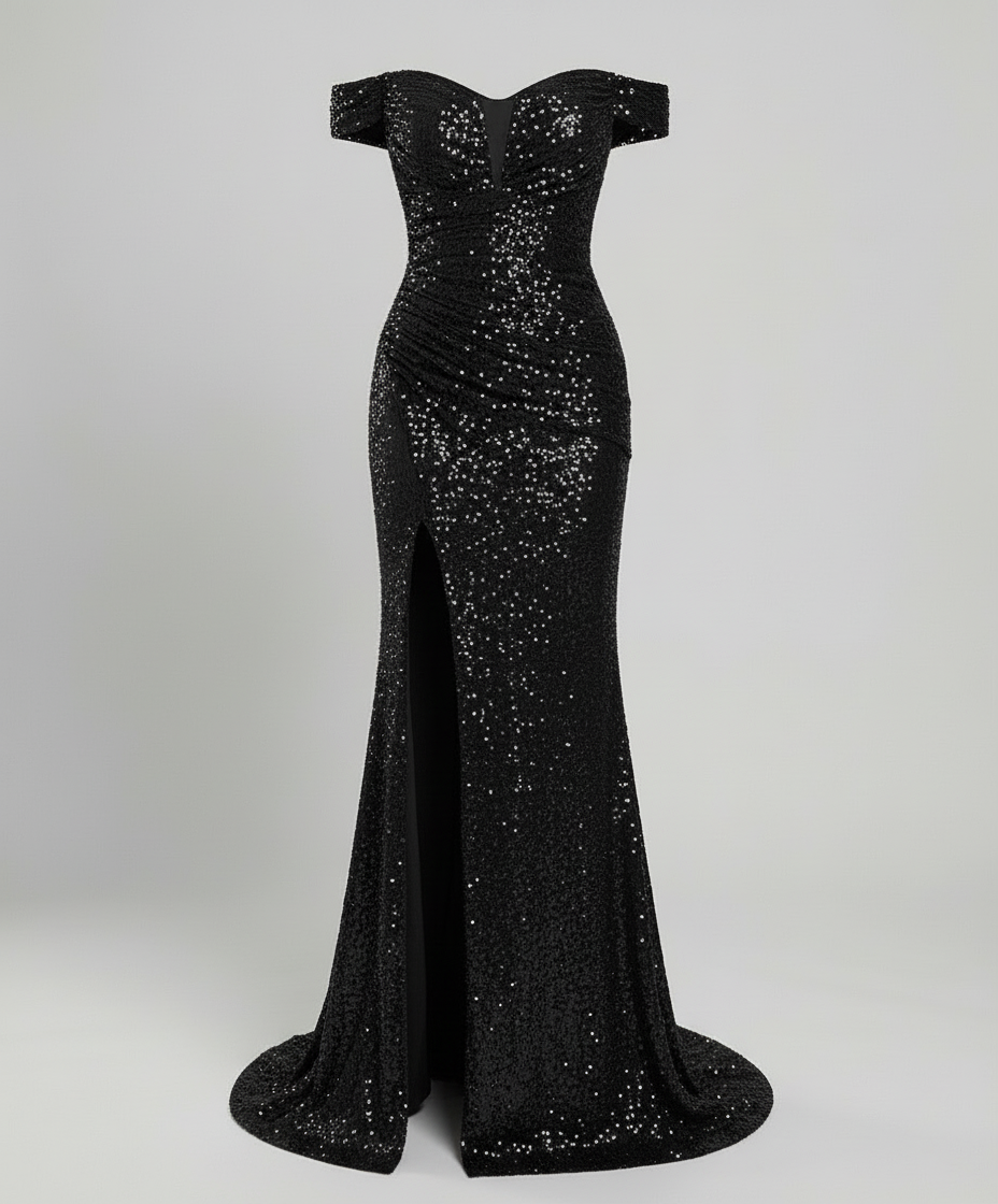 Veska | Off Shoulder Aftonklänning för Dam | Paljetter och Figurnära Snitt