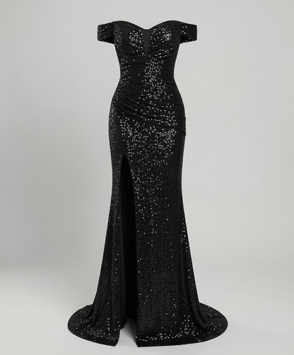 Veska | Off Shoulder Aftonklänning för Dam | Paljetter och Figurnära Snitt