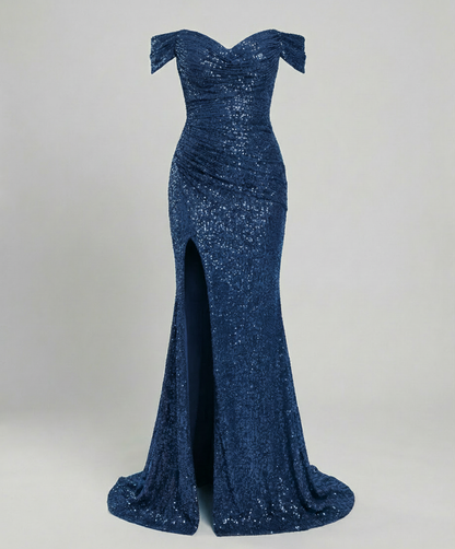 Veska | Off Shoulder Aftonklänning för Dam | Paljetter och Figurnära Snitt