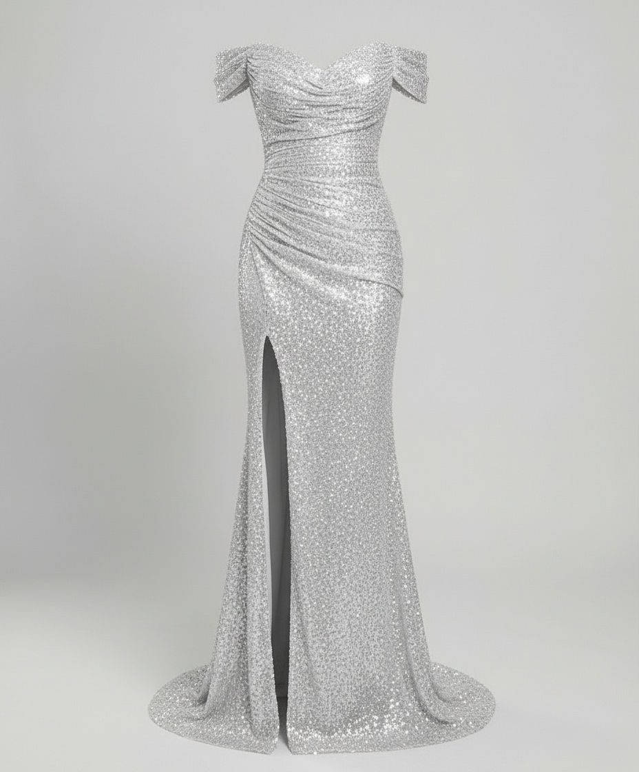 Veska | Off Shoulder Aftonklänning för Dam | Paljetter och Figurnära Snitt