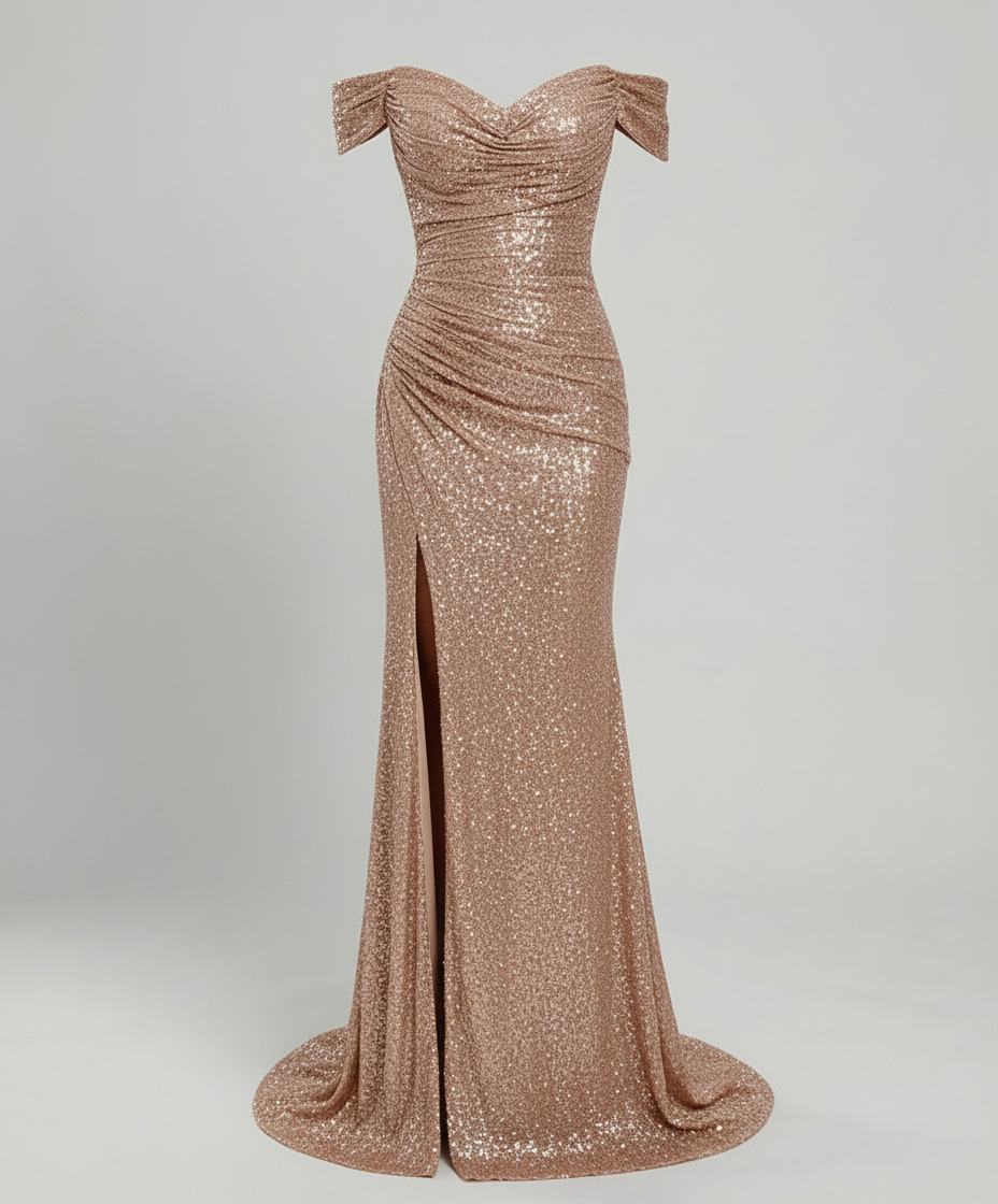 Veska | Off Shoulder Aftonklänning för Dam | Paljetter och Figurnära Snitt