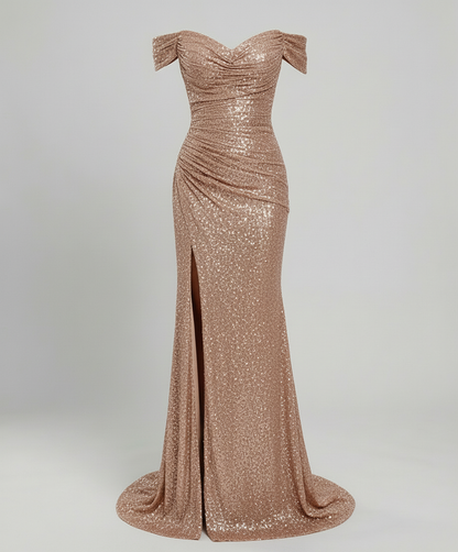 Veska | Off Shoulder Aftonklänning för Dam | Paljetter och Figurnära Snitt