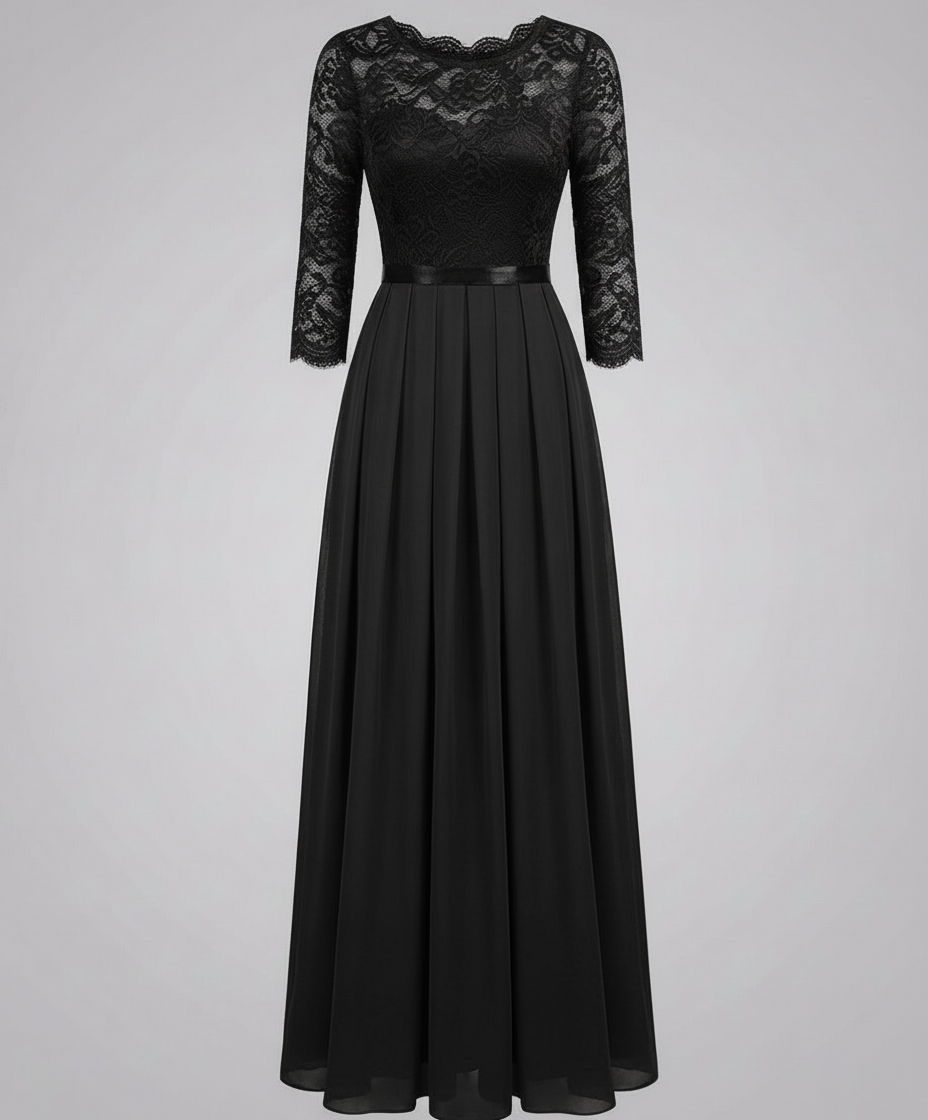 Veska | Spetsklänning för Brudtärna | Lång Flödande Design med 3/4-ärm