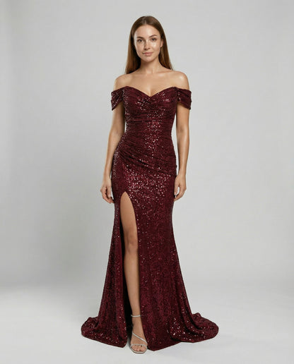 Veska | Off Shoulder Aftonklänning för Dam | Paljetter och Figurnära Snitt