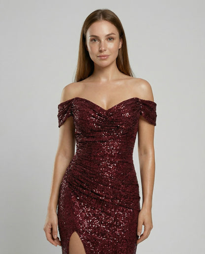 Veska | Off Shoulder Aftonklänning för Dam | Paljetter och Figurnära Snitt