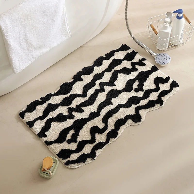 Abstract Grid Tufted Bath Mat | Veska Wonky Black Stripe (50x80cm)