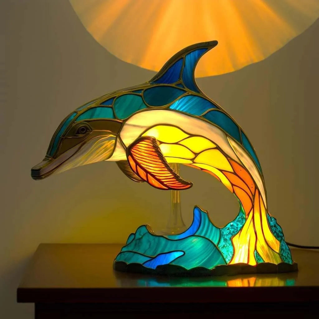 Animal Färgat Glas Bords Lampa Ornament | Veska Delfin 15cm 5.91in