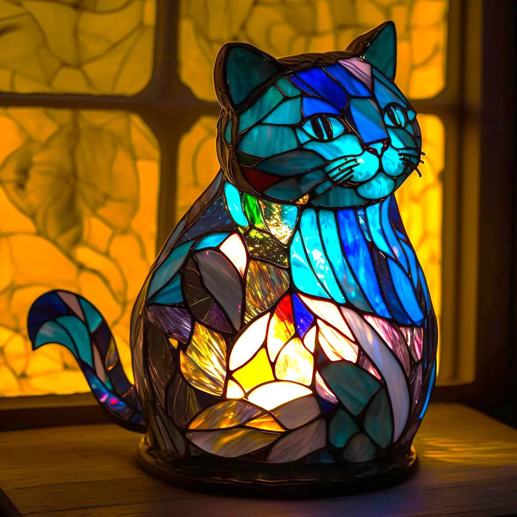 Animal Färgat Glas Bords Lampa Ornament | Veska Katt 15cm 5.91in
