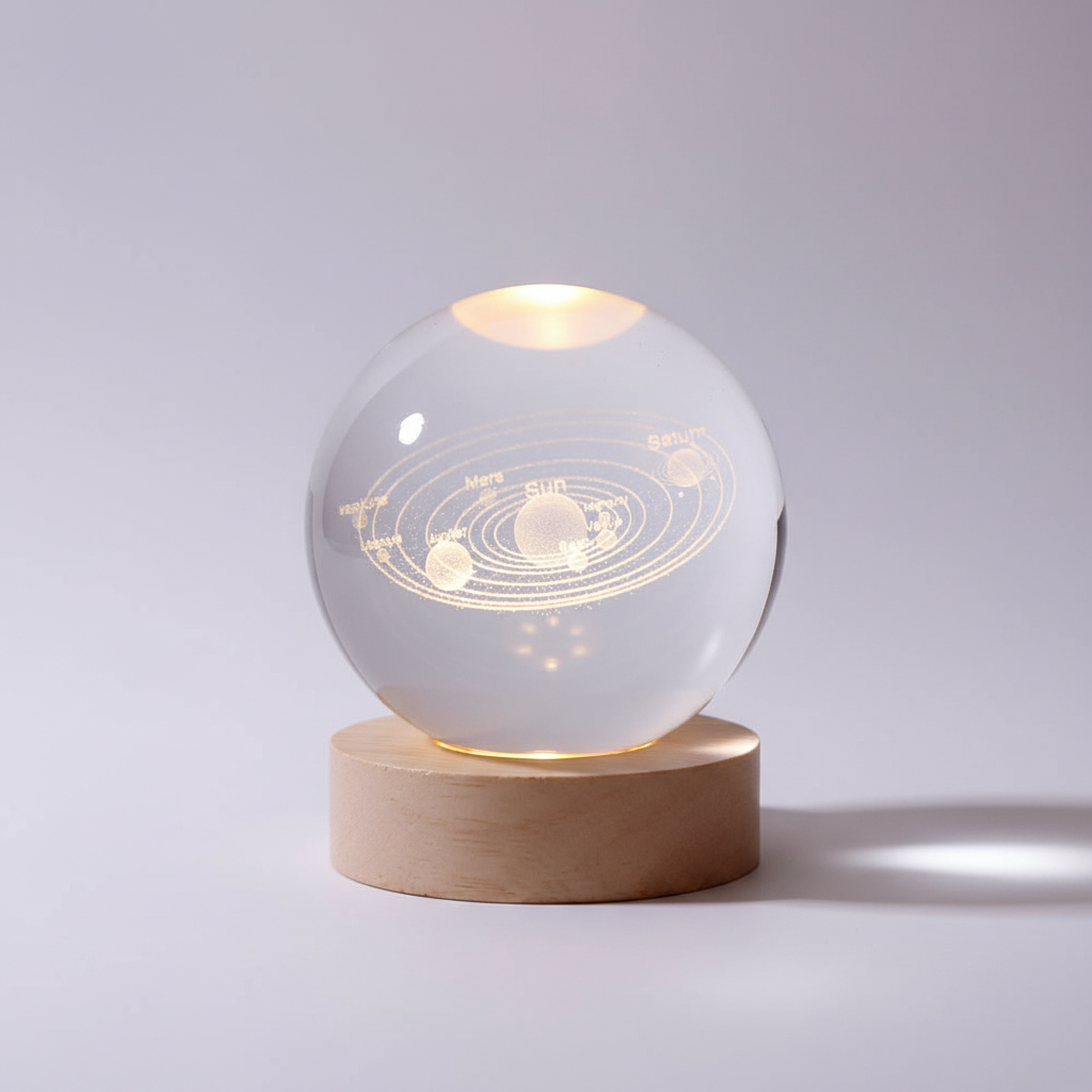 AstroGlobe 3D Lampa – Spherical Wooden Table Lamp with Warm LED Light and Planet Design | Veska