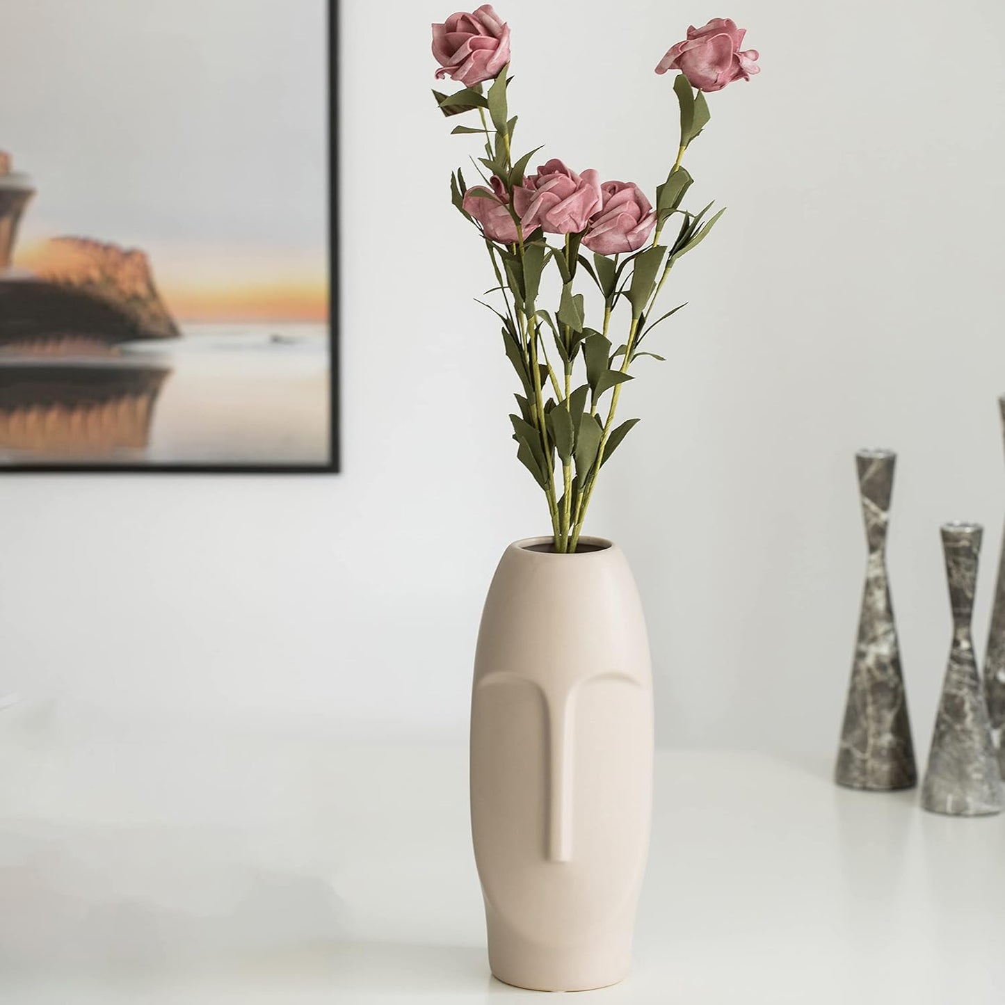 Avanté Vaso Svart & Vit Abstrakt Keramisk Mänskligt Ansikte Konst | Veska Beige