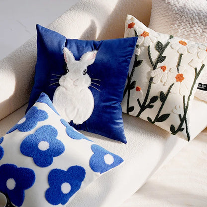 Blå & Vit Kanin & Blomma Kuddeöverdrag | Veska Bunny - Blå 45X45CM Utan kärna