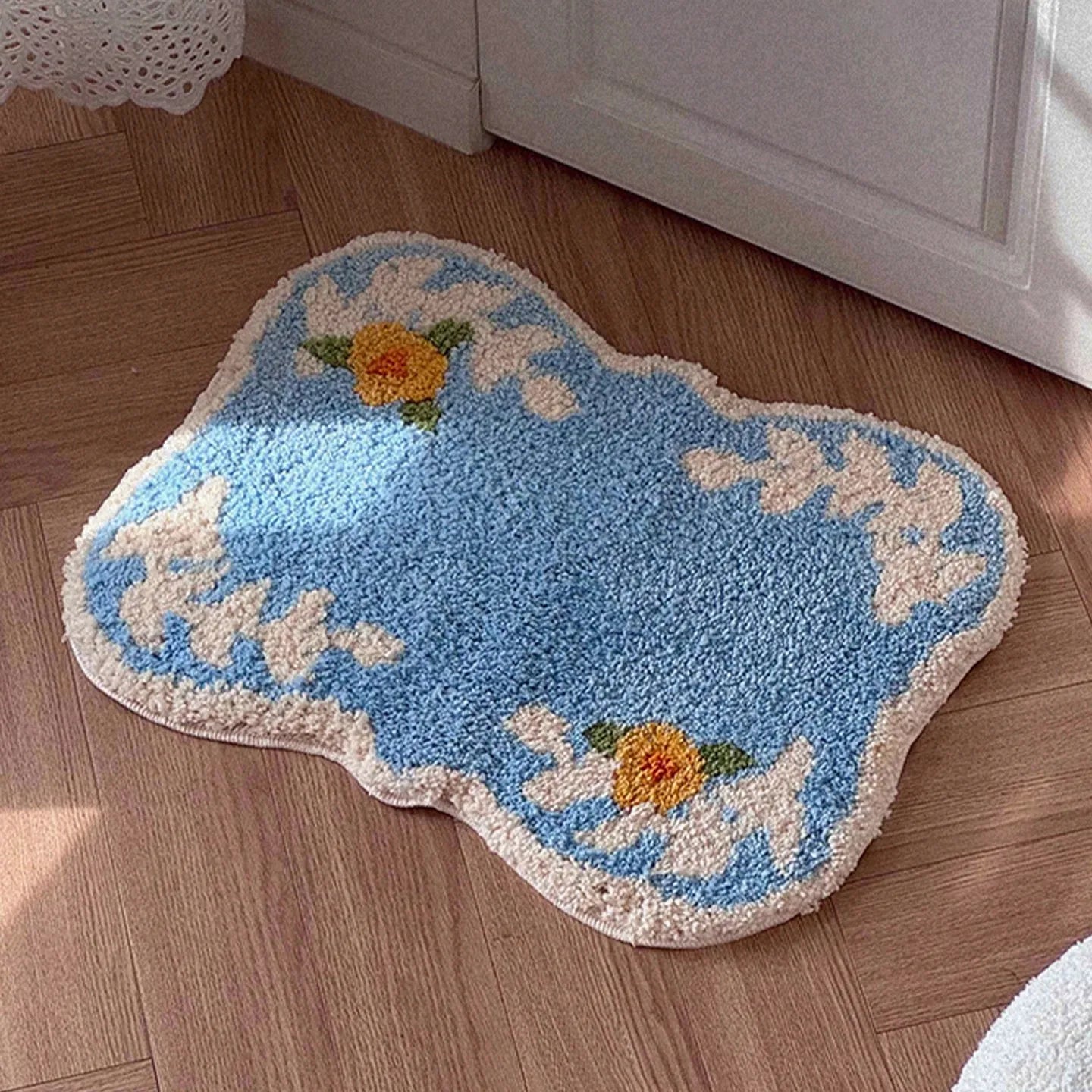 Blommig fluffig badmatta | Veska Blå 50x40cm