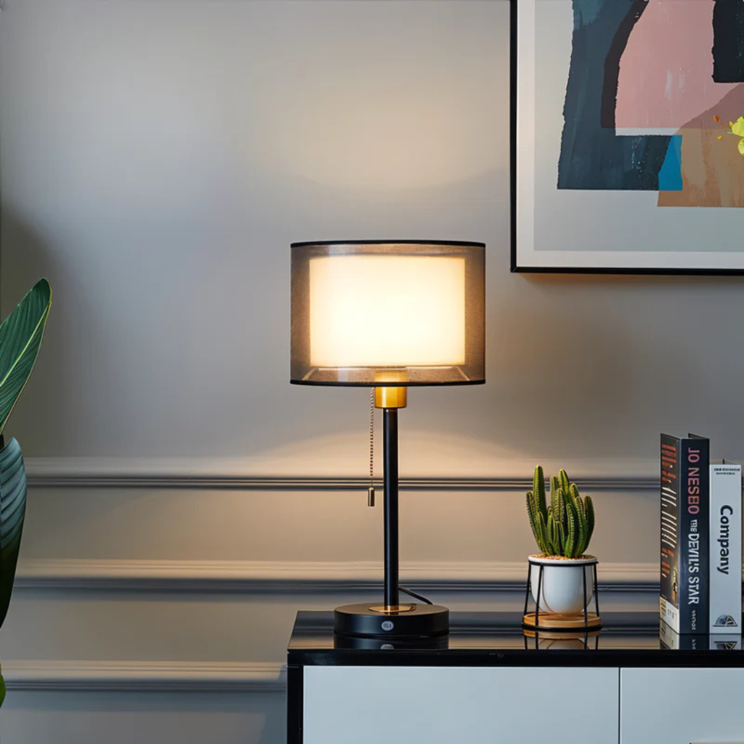 Bordslampa med dubbel tygskärm | Veska Svart Transparent