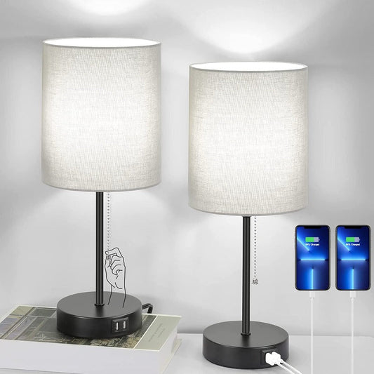 Bordslampa set om 2 med USB-laddningsportar, grå sänglampor med AC-uttag, sänglampor med dragströmbrytare, minimalistiska moderna skrivbordslampor med tygs fodral för vardagsrum, sovrum, kontor | Veska Svart