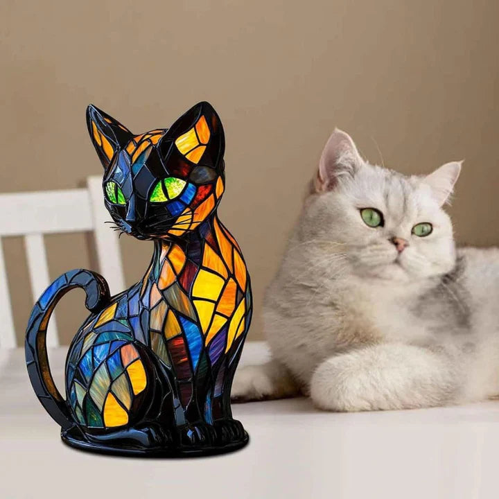Färgat glas katt-formad bordslampa med LED-belysning – 30-36 cm | Veska