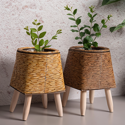 FauxWicker Kruka - Artisan Rustical Rattan Planter - Dekorativ Veskaomkorg | Veska Kvadratisk mörk