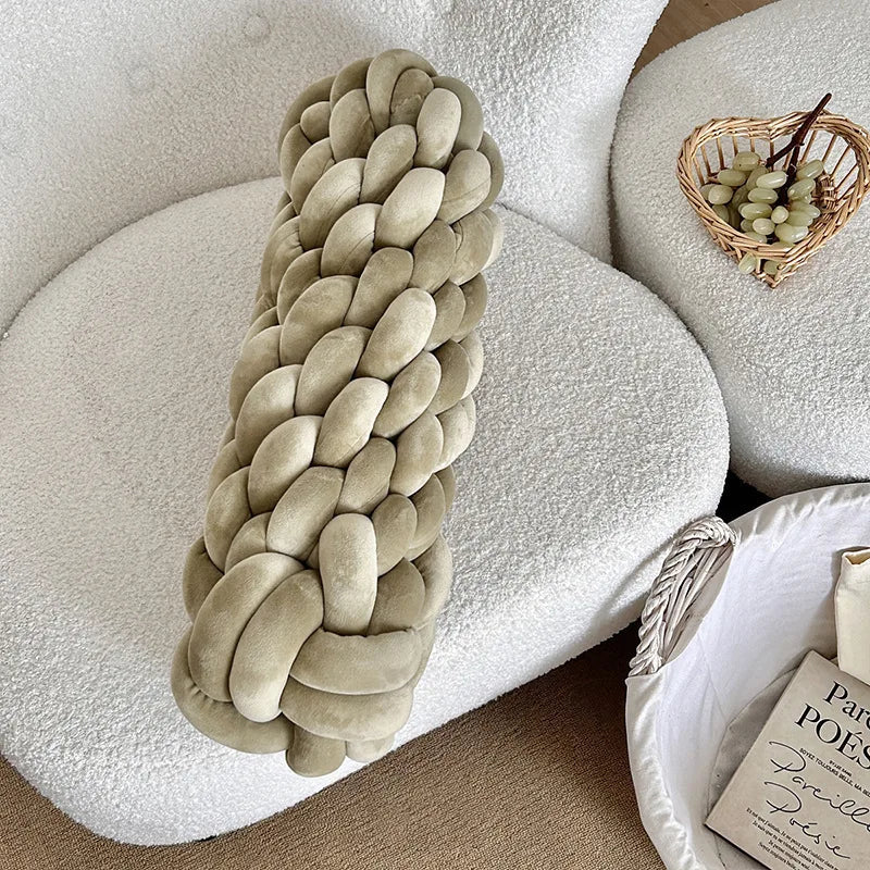 Flätad Twist Kudde – Lång Dekorativ Kudde för Soffa & Säng | Veska Beige 14x40CM