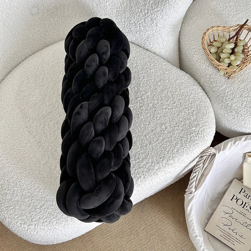 Flätad Twist Kudde – Lång Dekorativ Kudde för Soffa & Säng | Veska Svart 14x40CM