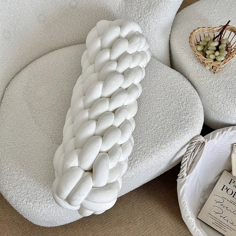 Flätad Twist Kudde – Lång Dekorativ Kudde för Soffa & Säng | Veska Vit Elfenben 14x40CM