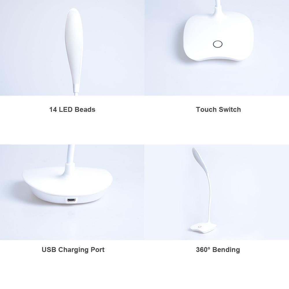 Flexibel 14 LED Skrivbordslampa Modern Touch Switch 3 Lägen Dimmers USB Uppladdningsbar Läsning Studie Ljus Bordslampa för Sovrum | Veska