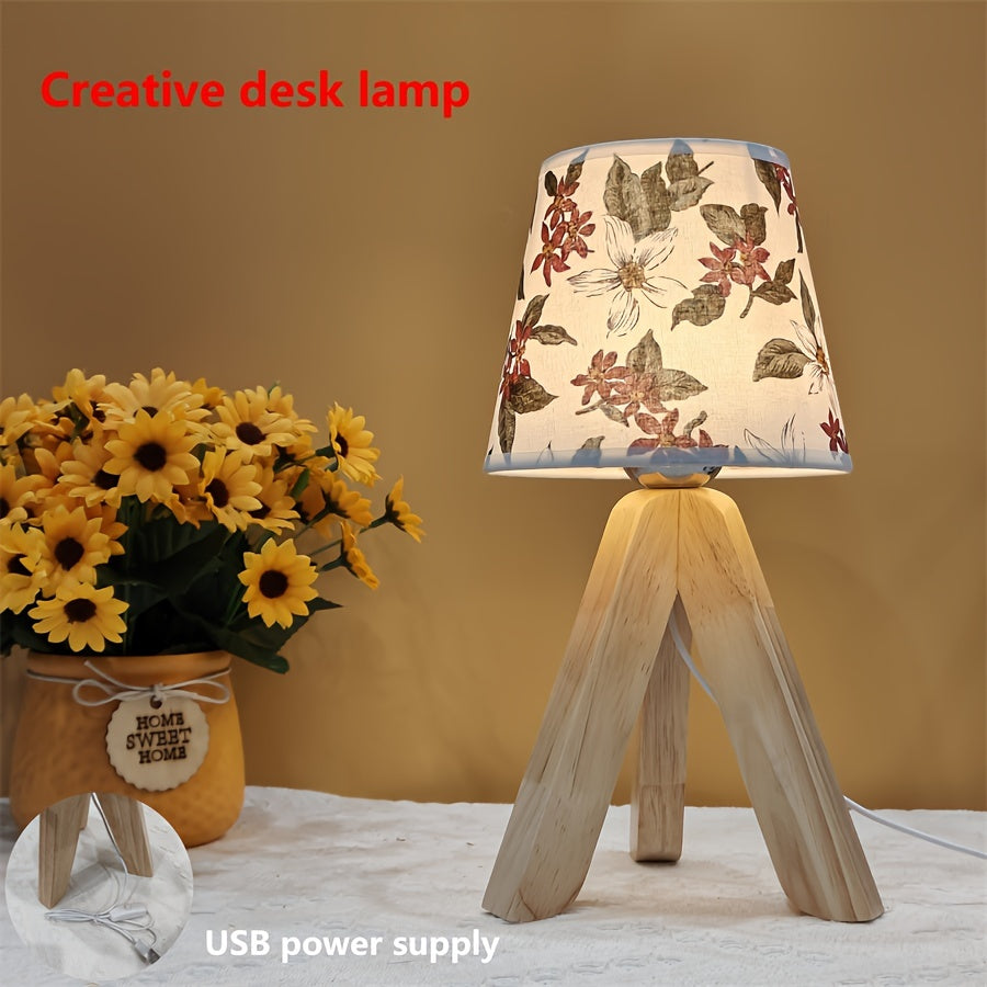 FloralGlow Lampa - Elegant LED Bordslampa med Trä Veska