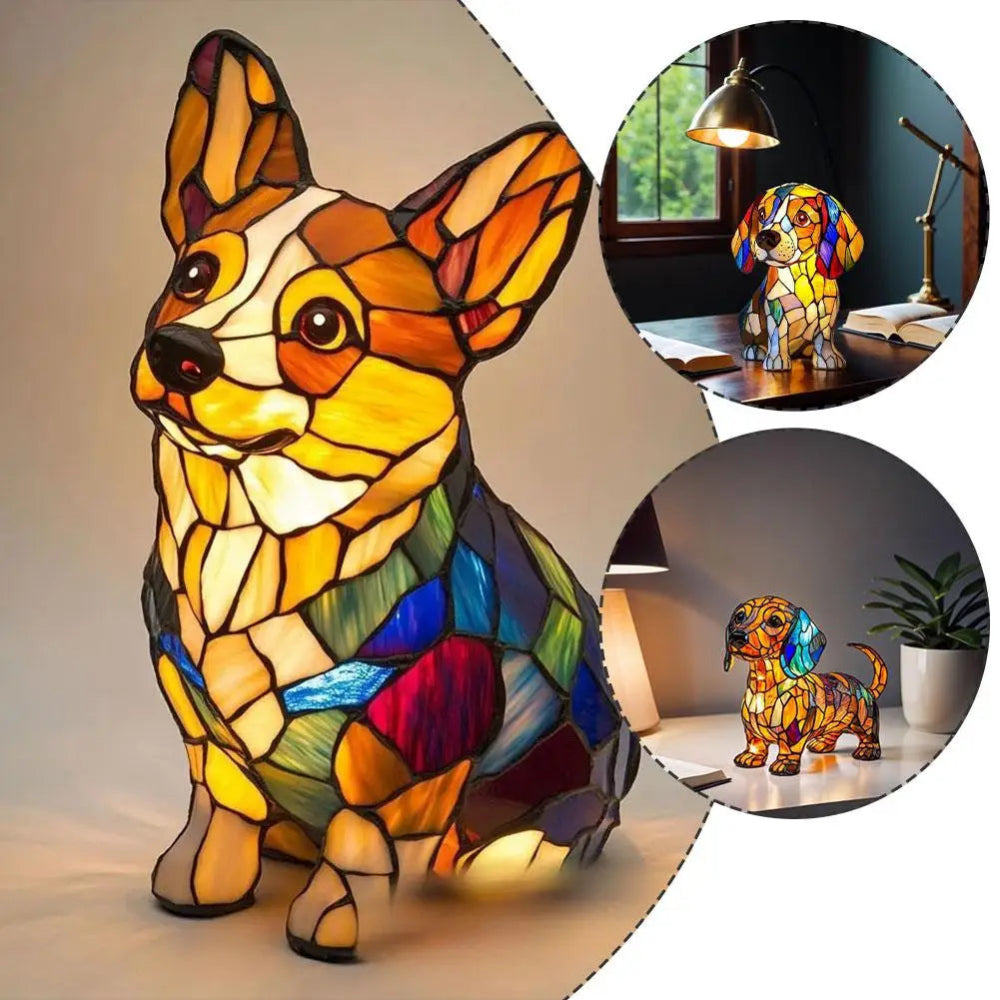 Fönsterglas Hundformad Nattlampa med Färgändrande LED – Dekorativ Bordslampa för Sovrum och Vardagsrum | Veska