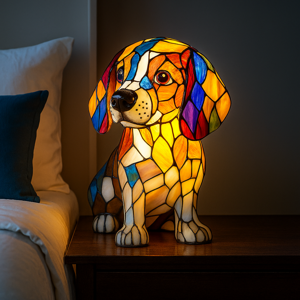 Fönsterglas Hundformad Nattlampa med Färgändrande LED – Dekorativ Bordslampa för Sovrum och Vardagsrum | Veska A