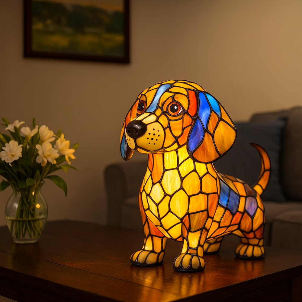 Fönsterglas Hundformad Nattlampa med Färgändrande LED – Dekorativ Bordslampa för Sovrum och Vardagsrum | Veska B