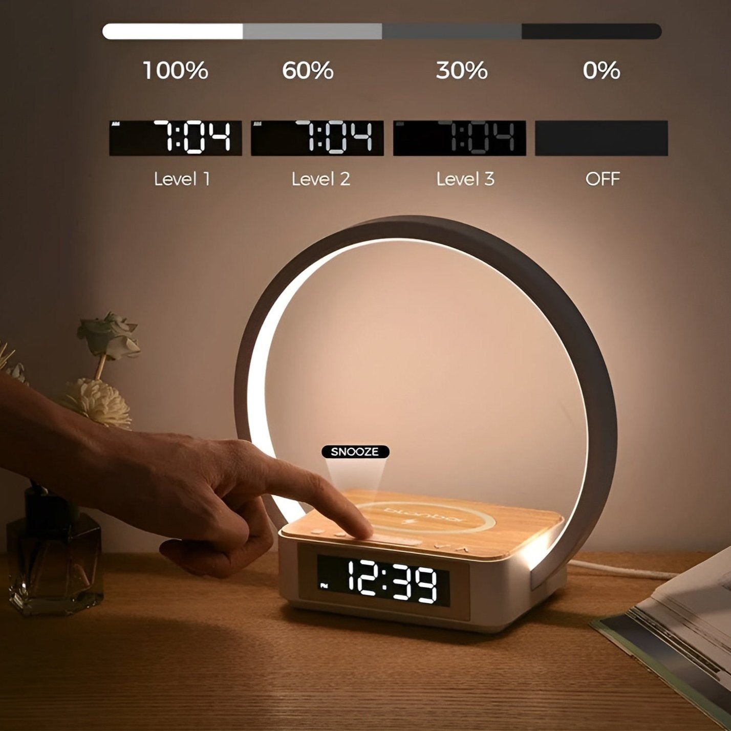 GlowMax 3-i-1 LED Bordslampa – Trådlös Laddare, Väckarklocka & Touchkontroll | Veska